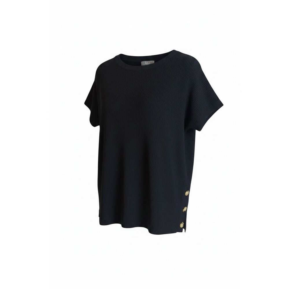 Marled NWOT Ribbed Knit Boat Neck Side Button Short Sleeve Sweater Top Black XL